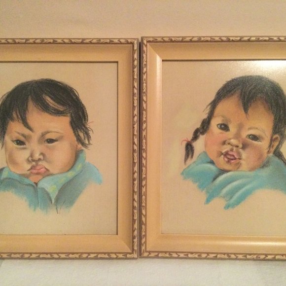2 Original pastel painting portraits of boy and girl wood framed T. Eaton Co - Picture 1 of 5